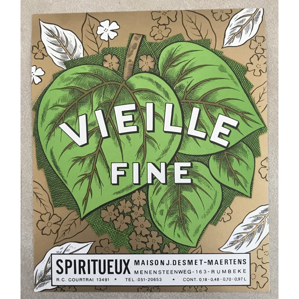 Vtg RC Courtrai Vieille Fine Spiriteux Maison French Graphic Design Wine Label